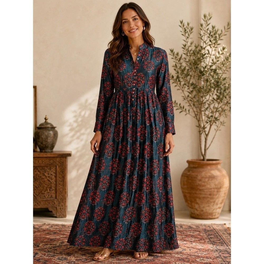 Vintage Teal Red Floral Satin Boho Maxi Dress Mandarin Collar Cottagecore